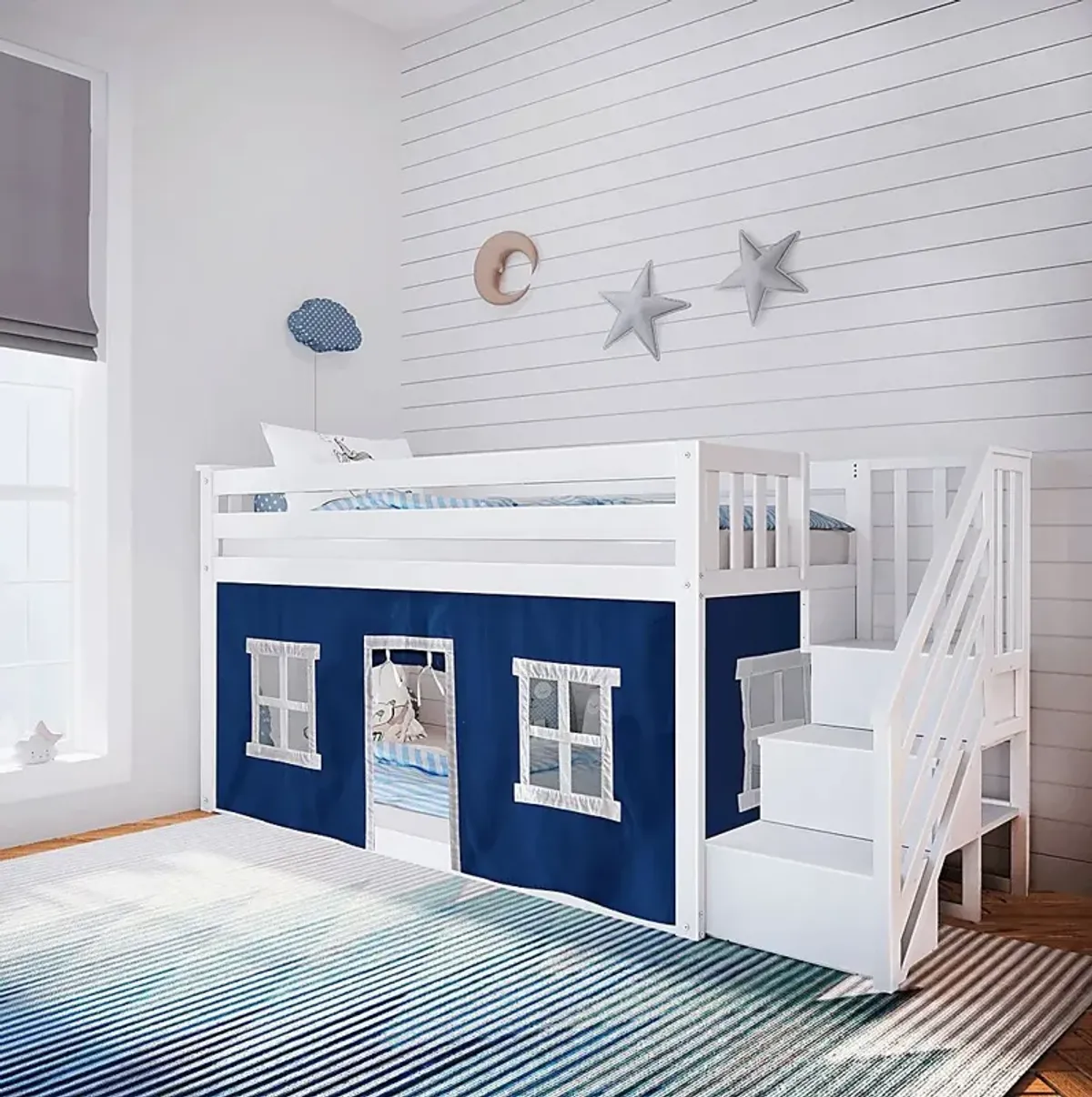 Kids Alekos White Twin/Twin Low Bunk Bed with Staircase and Blue Tent