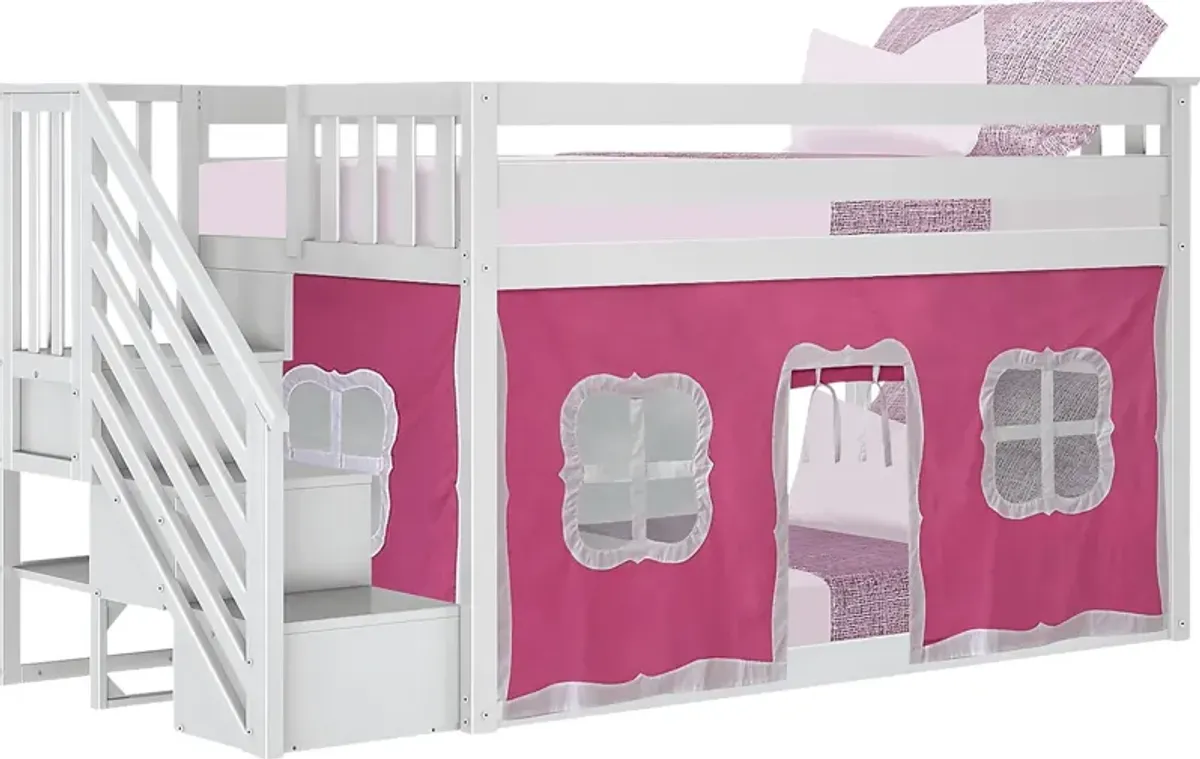 Kids Alekos White Twin/Twin Low Bunk Bed with Staircase and Pink Tent