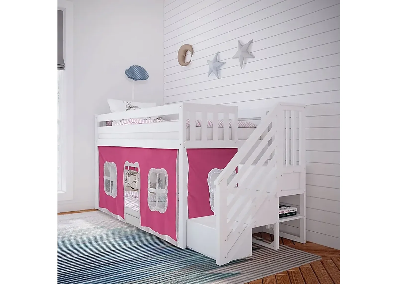 Kids Alekos White Twin/Twin Low Bunk Bed with Staircase and Pink Tent