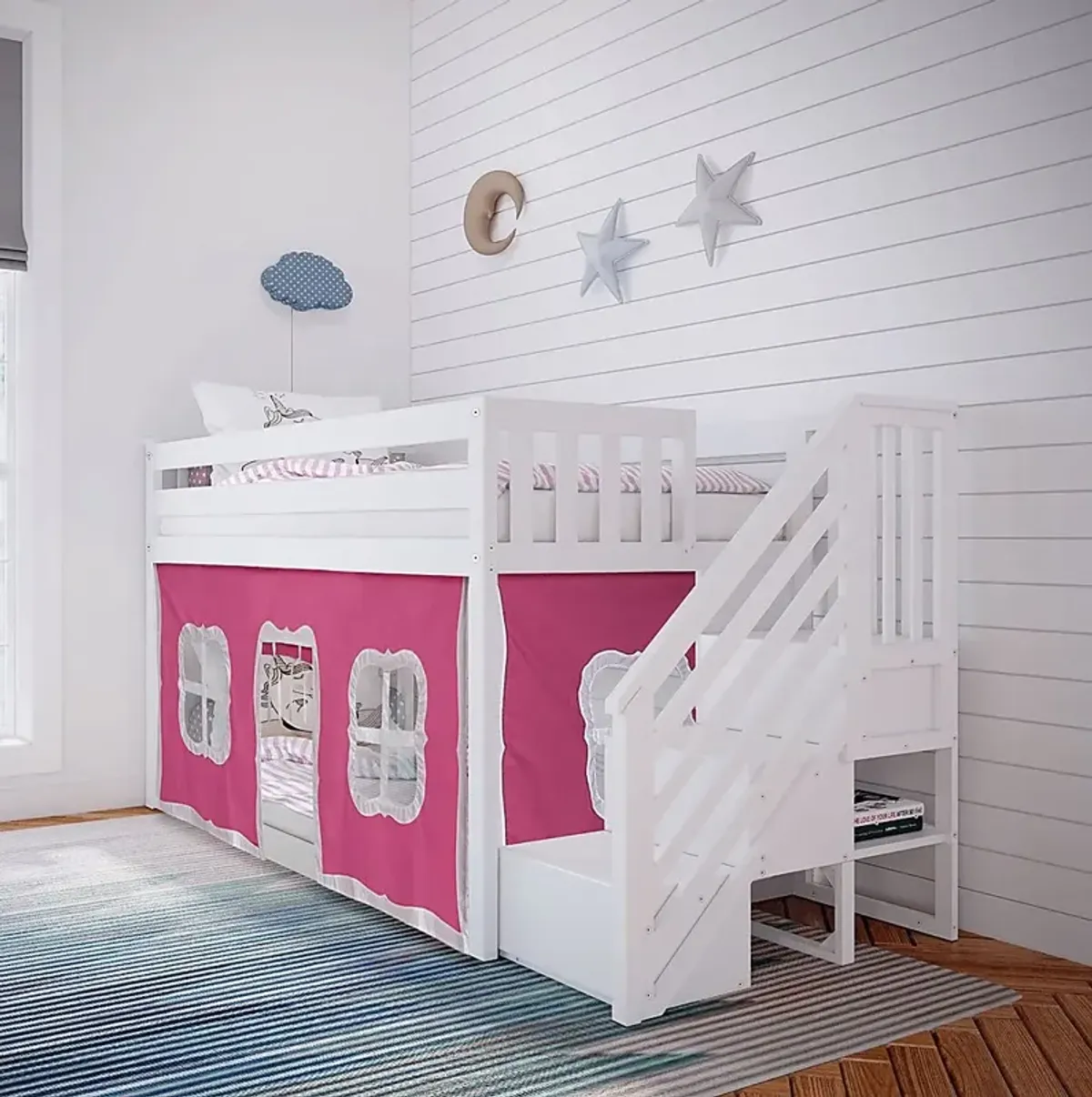 Kids Alekos White Twin/Twin Low Bunk Bed with Staircase and Pink Tent