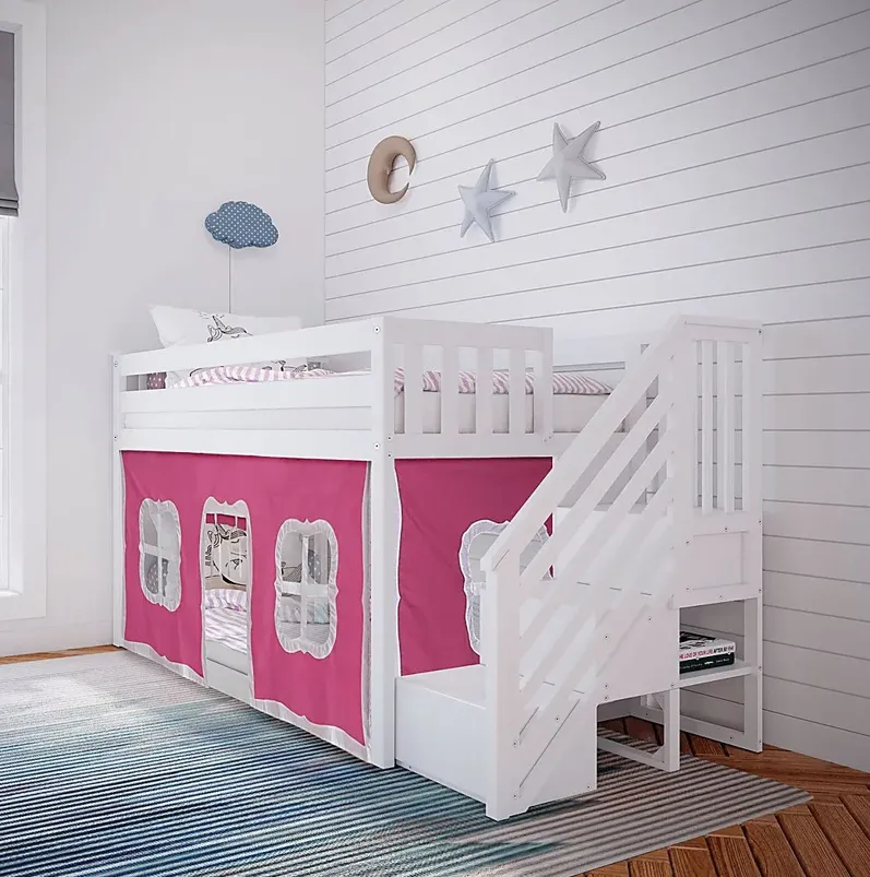 Kids Alekos White Twin/Twin Low Bunk Bed with Staircase and Pink Tent