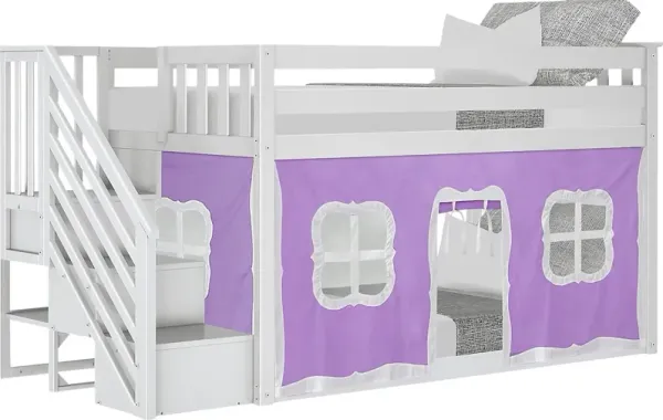 Kids Alekos White Twin/Twin Low Bunk Bed with Staircase and Purple Tent