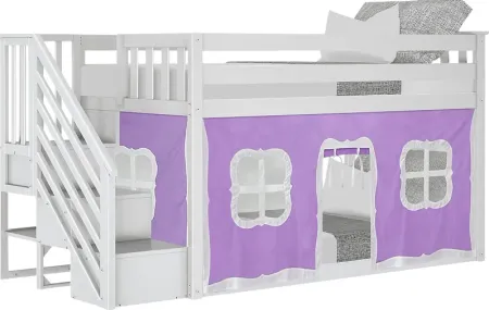 Kids Alekos White Twin/Twin Low Bunk Bed with Staircase and Purple Tent