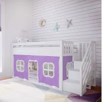 Kids Alekos White Twin/Twin Low Bunk Bed with Staircase and Purple Tent