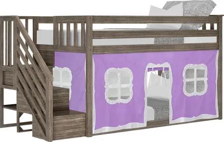 Kids Alekos Brown Twin/Twin Low Bunk Bed with Staircase and Purple Tent