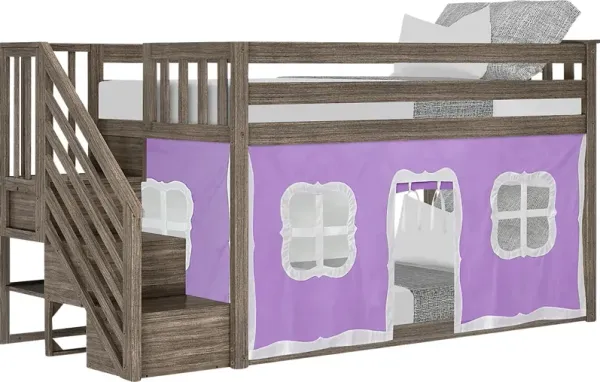 Kids Alekos Brown Twin/Twin Low Bunk Bed with Staircase and Purple Tent