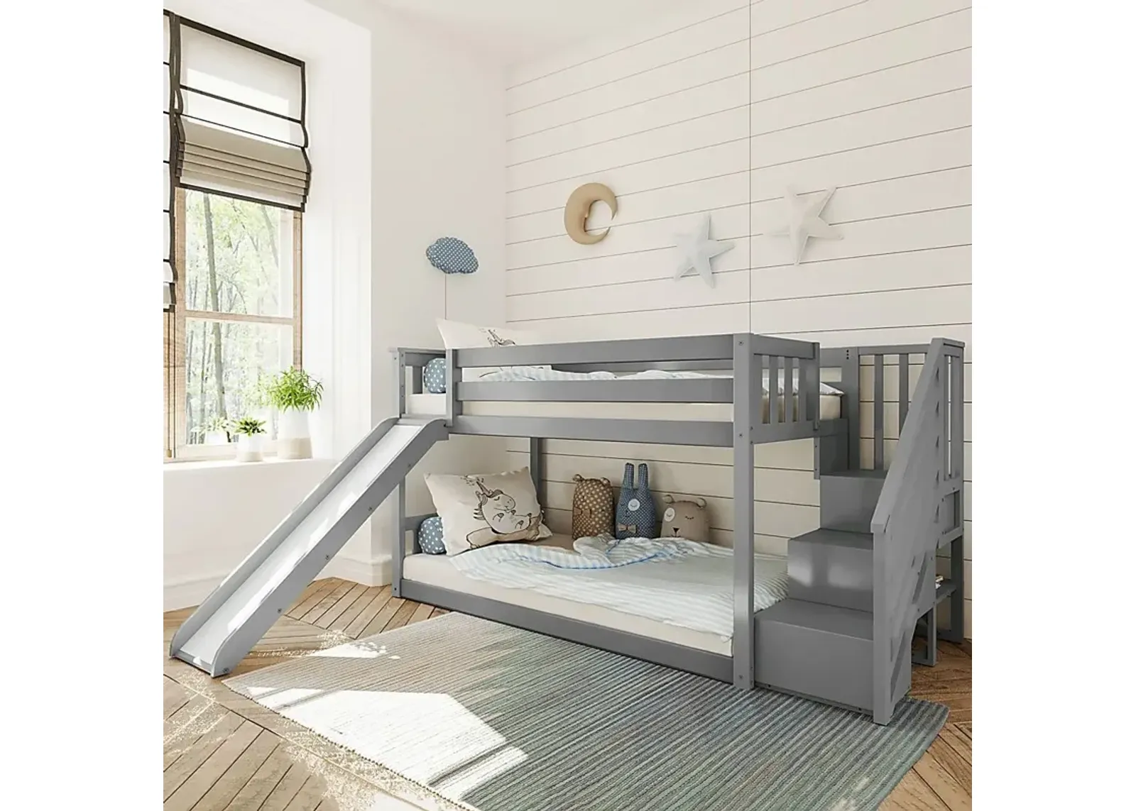 Kids Alrik Gray Twin/Twin Low Bunk Bed with Staircase and Slide