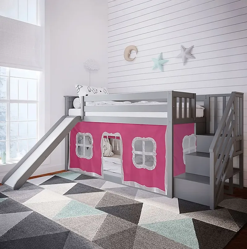 Kids Alwaes Gray Twin/Twin Low Bunk Bed with Slide and Pink Tent