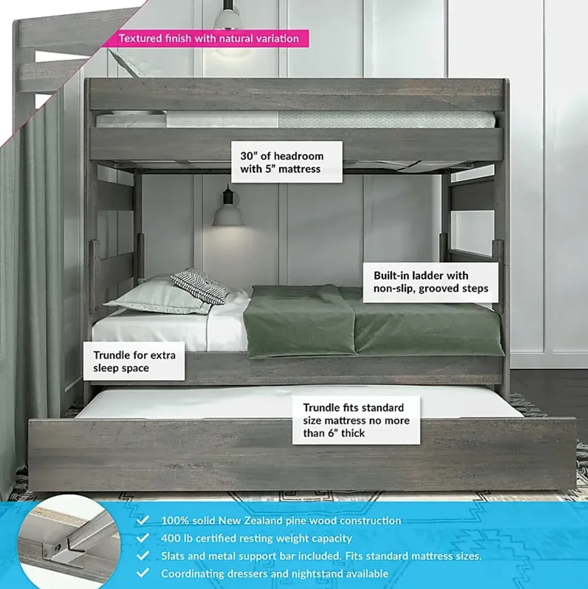 Kids Eastwick Gray Twin/Twin Bunk Bed with Trundle