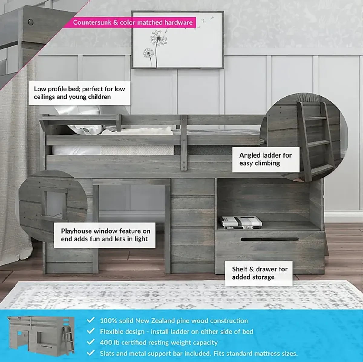 Kids Edenberry Gray Twin Loft Bed with 1 Drawer