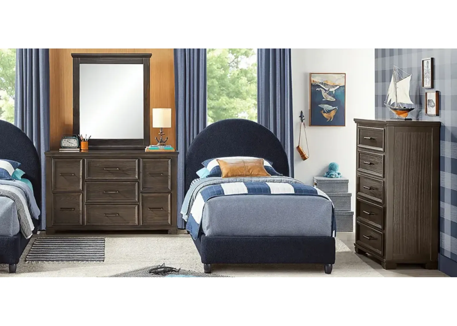 Kids Canyon Lake Java 5 Pc Bedroom with Moonstone Navy Queen Upholstered Bed