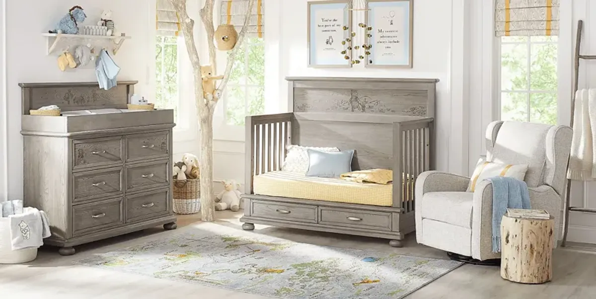 Disney Baby Woodland Adventures with Winnie the Pooh Classic Gray 5 Pc Nursery with Conversion Rails