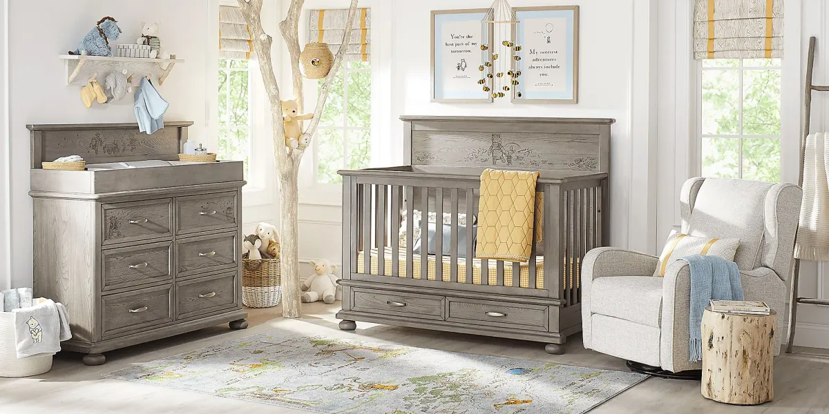 Disney Baby Woodland Adventures with Winnie the Pooh Classic Gray 5 Pc Nursery with Conversion Rails