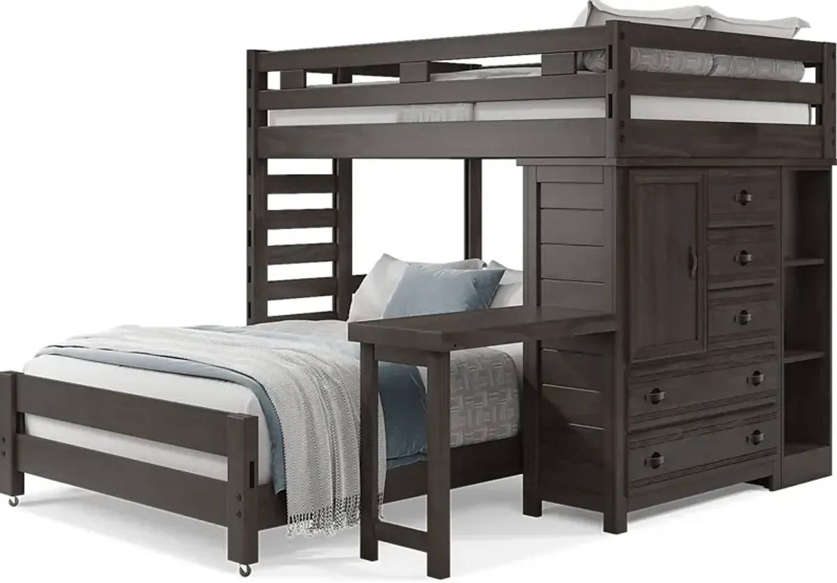 Kids Creekside 2.0 Charcoal Full/Full Loft with Loft Chest, Bookcase and Desk Attachment