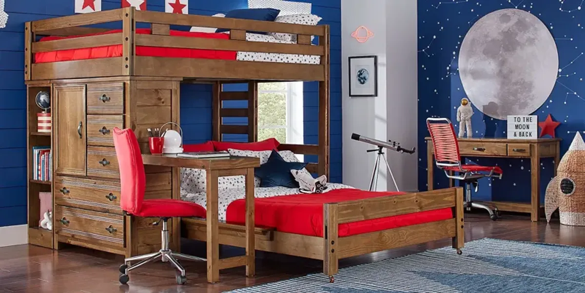 Kids Creekside 2.0 Chestnut Full/Full Loft with Loft Chest, Bookcase and Desk Attachment