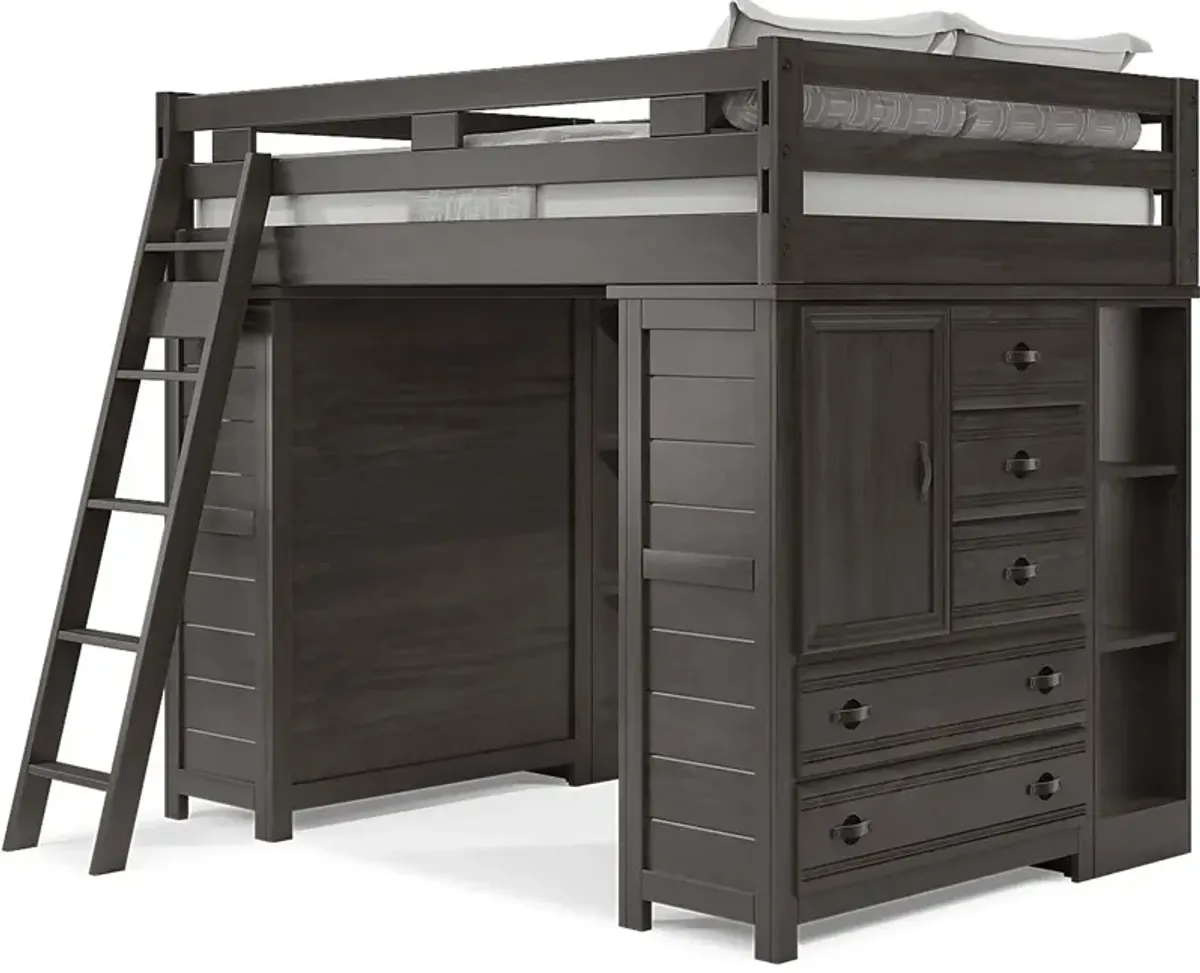 Kids Creekside 2.0 Charcoal Full Loft with 2 Loft Chests and 2 Bookcases