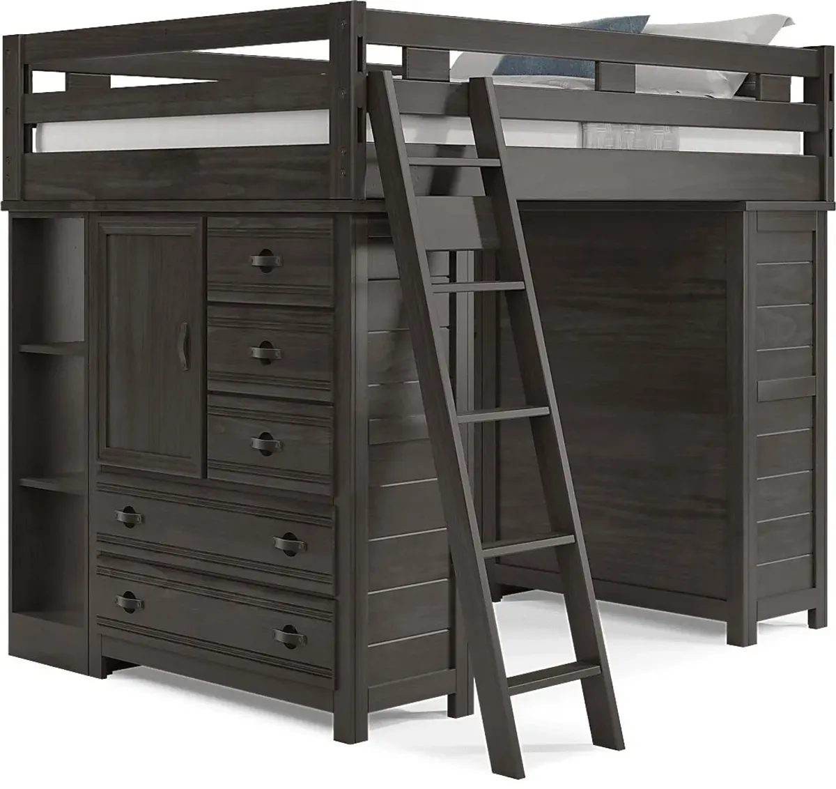 Kids Creekside 2.0 Charcoal Full Loft with 2 Loft Chests and 2 Bookcases