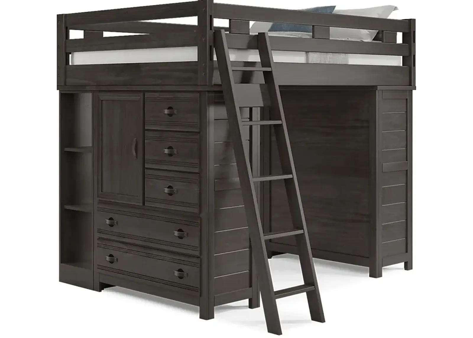 Kids Creekside 2.0 Charcoal Full Loft with 2 Loft Chests and 2 Bookcases