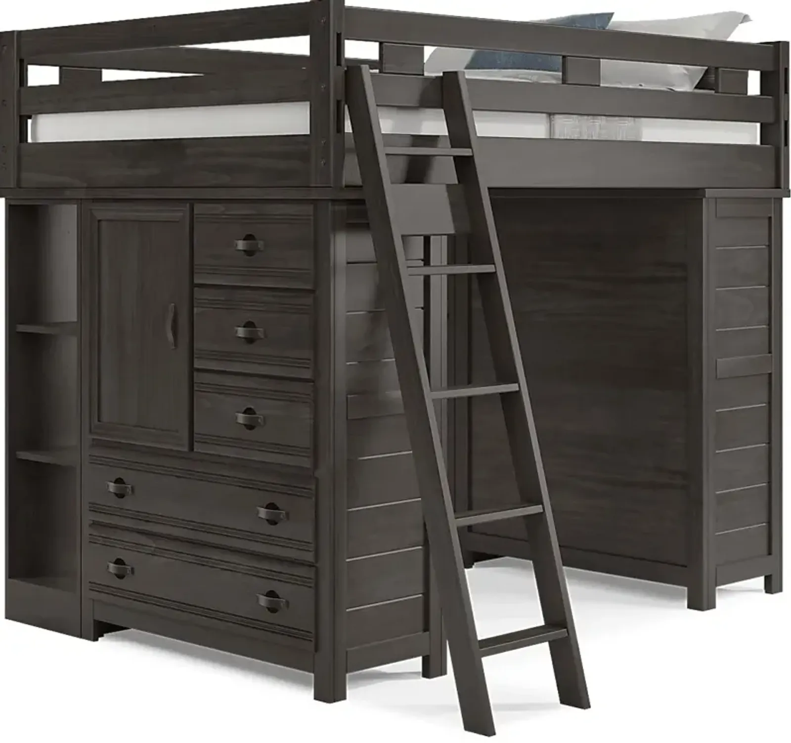 Kids Creekside 2.0 Charcoal Full Loft with 2 Loft Chests and 2 Bookcases