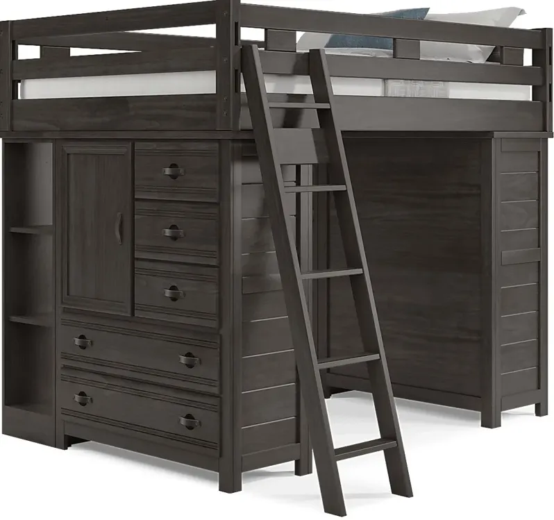 Kids Creekside 2.0 Charcoal Full Loft with 2 Loft Chests and 2 Bookcases