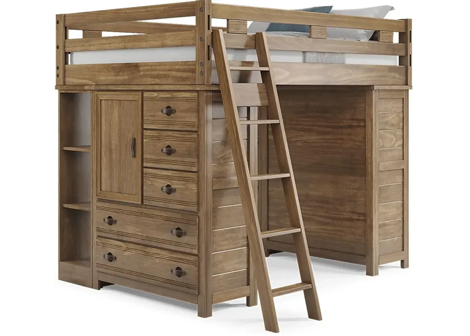 Kids Creekside 2.0 Chestnut Full Loft with 2 Loft Chests and 2 Bookcases