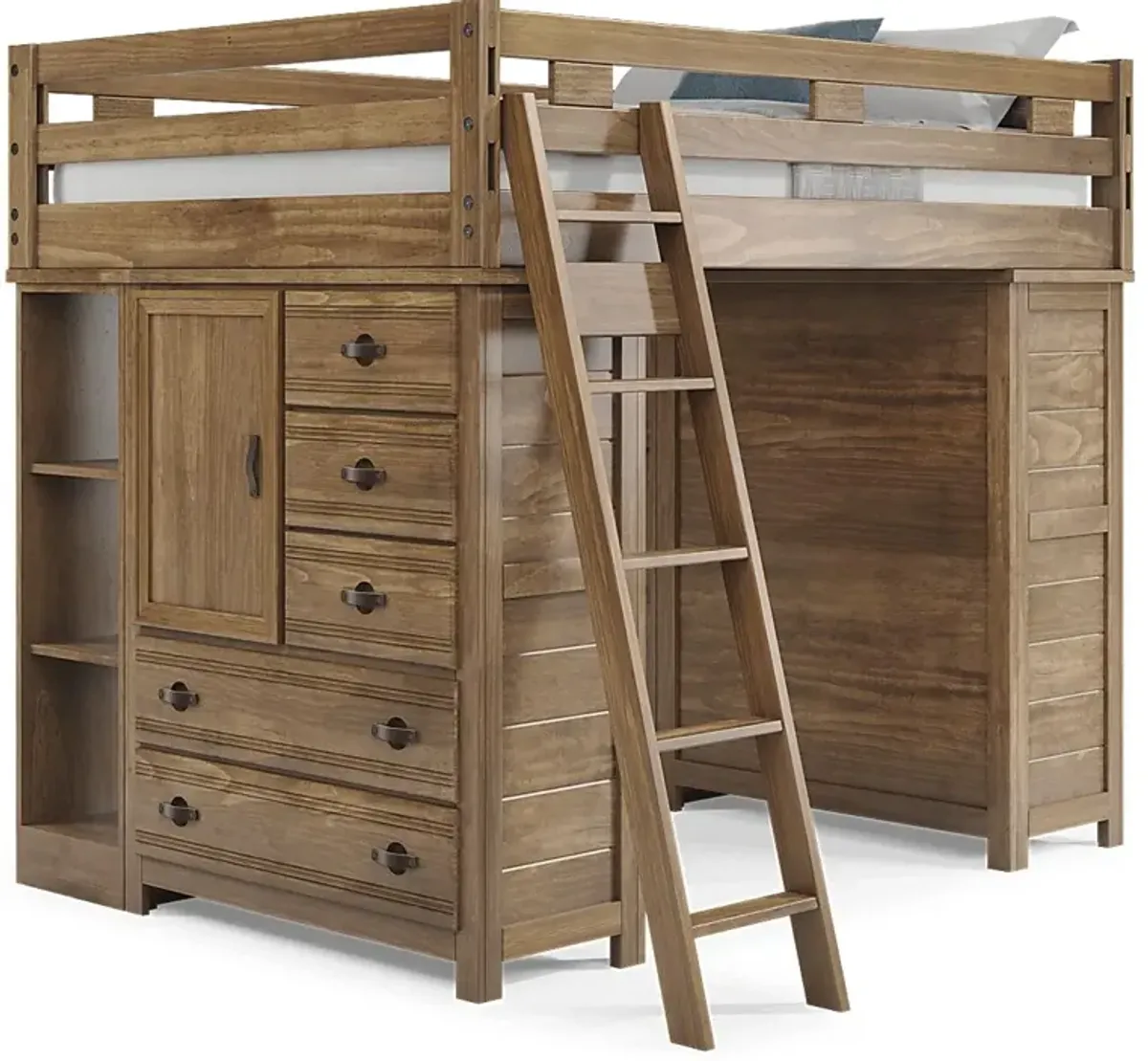 Kids Creekside 2.0 Chestnut Full Loft with 2 Loft Chests and 2 Bookcases