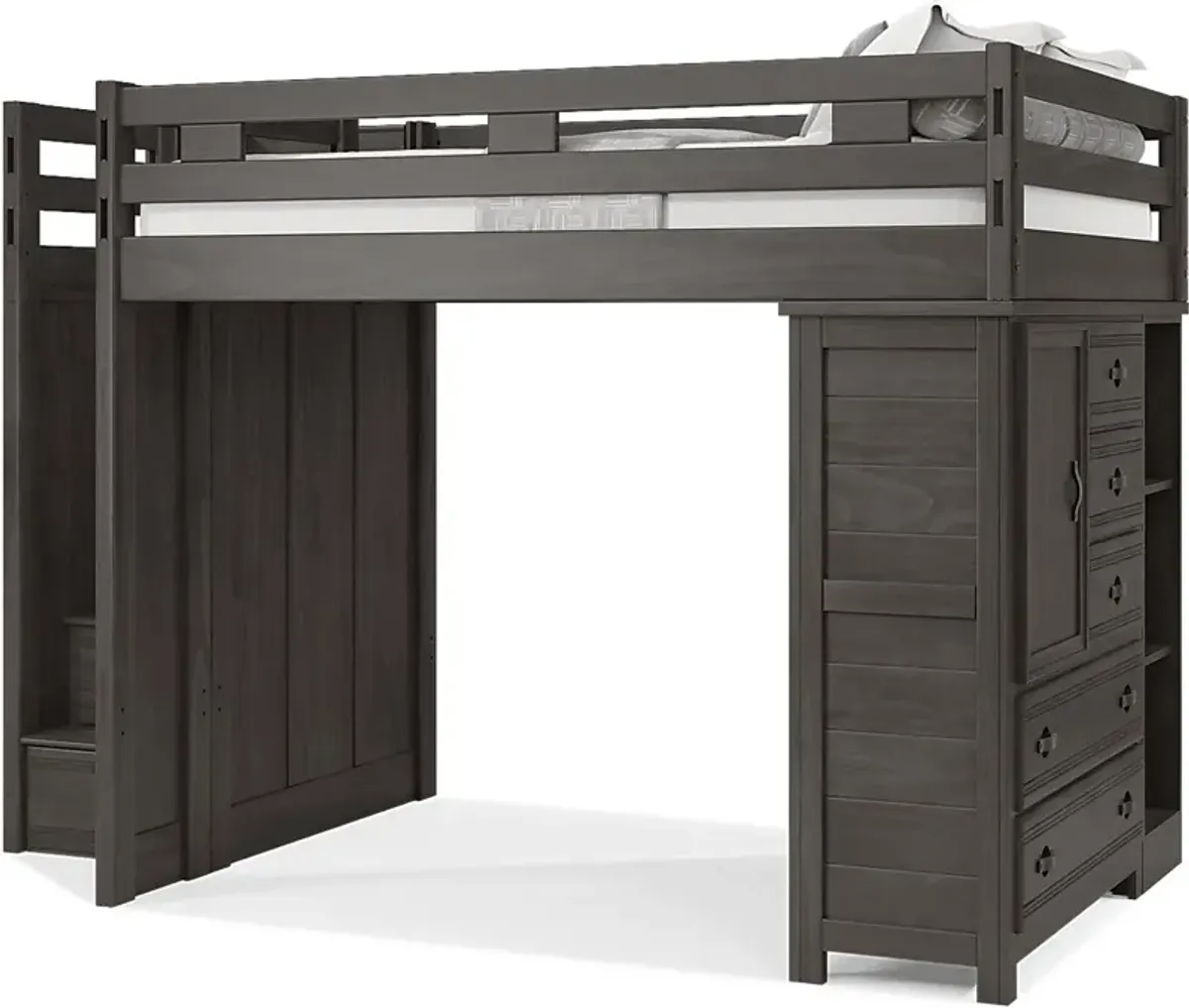 Kids Creekside 2.0 Charcoal Full Step Loft with Loft Chest and Bookcase