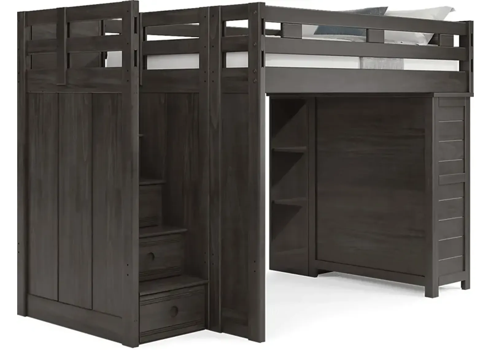 Kids Creekside 2.0 Charcoal Full Step Loft with Loft Chest and Bookcase