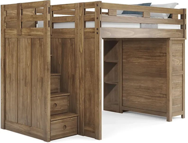 Kids Creekside 2.0 Chestnut Full Step Loft with Loft Chest and Bookcase