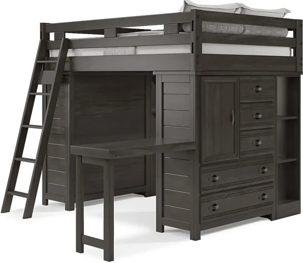 Kids Creekside 2.0 Charcoal Full Loft with 2 Loft Chests, 2 Bookcases and Desk Attachment