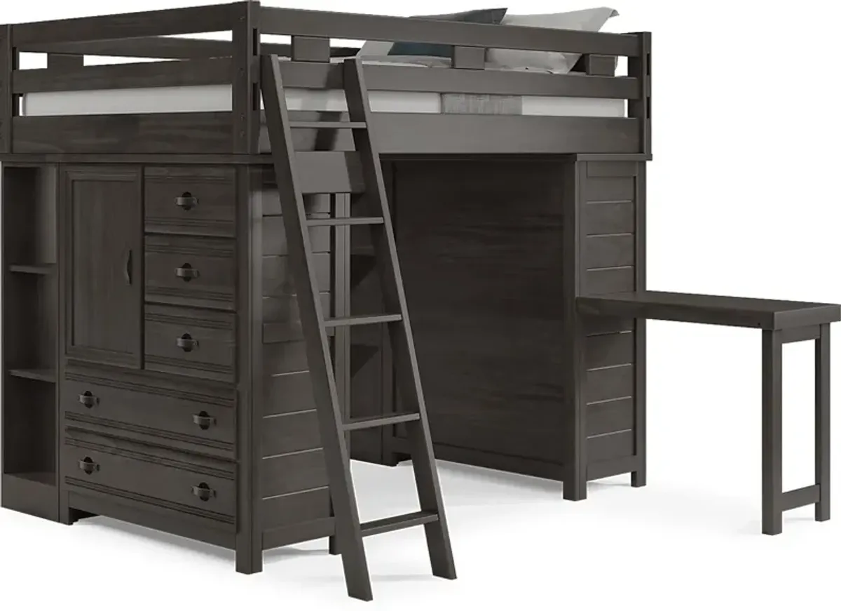 Kids Creekside 2.0 Charcoal Full Loft with 2 Loft Chests, 2 Bookcases and Desk Attachment