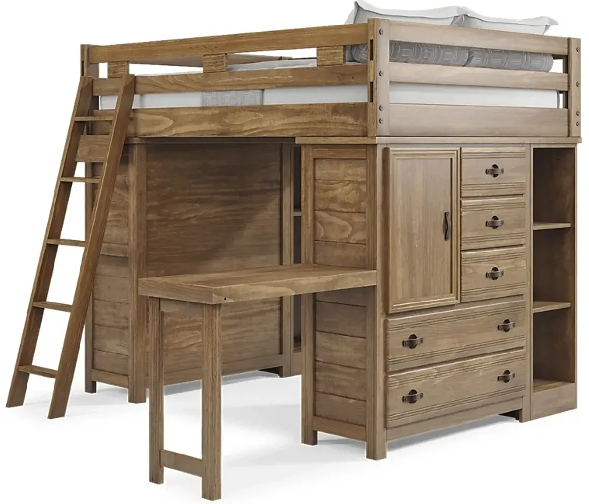 Kids Creekside 2.0 Chestnut Full Loft with 2 Loft Chests, 2 Bookcases and Desk Attachment