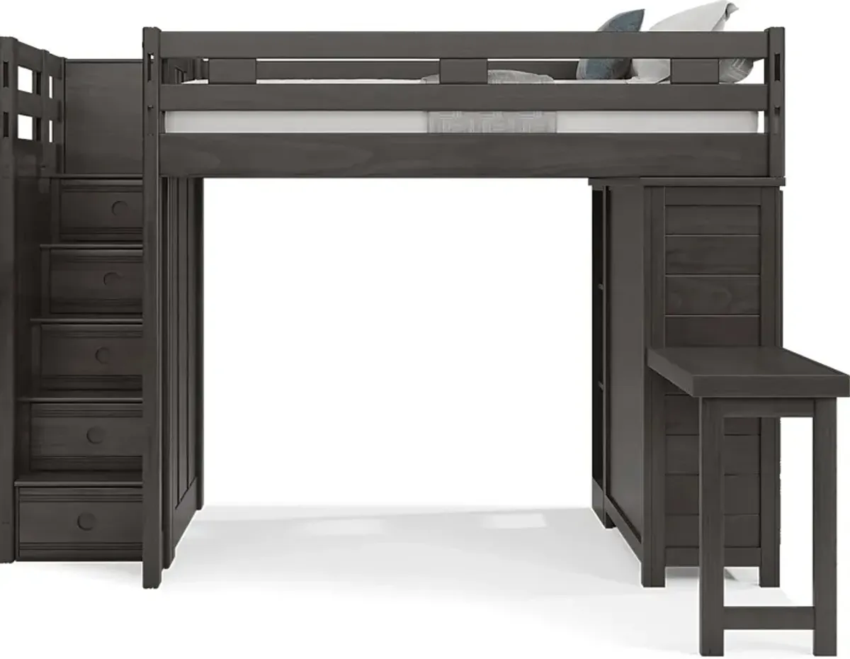 Kids Creekside 2.0 Charcoal Full Step Loft with Loft Chest, Bookcase and Desk Attachment