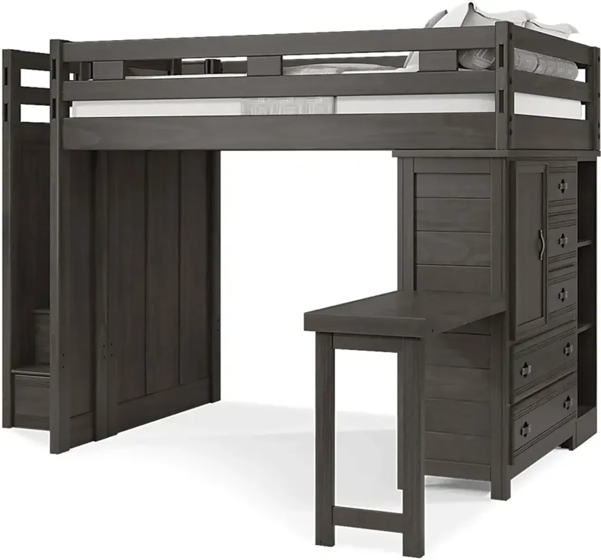 Kids Creekside 2.0 Charcoal Full Step Loft with Loft Chest, Bookcase and Desk Attachment