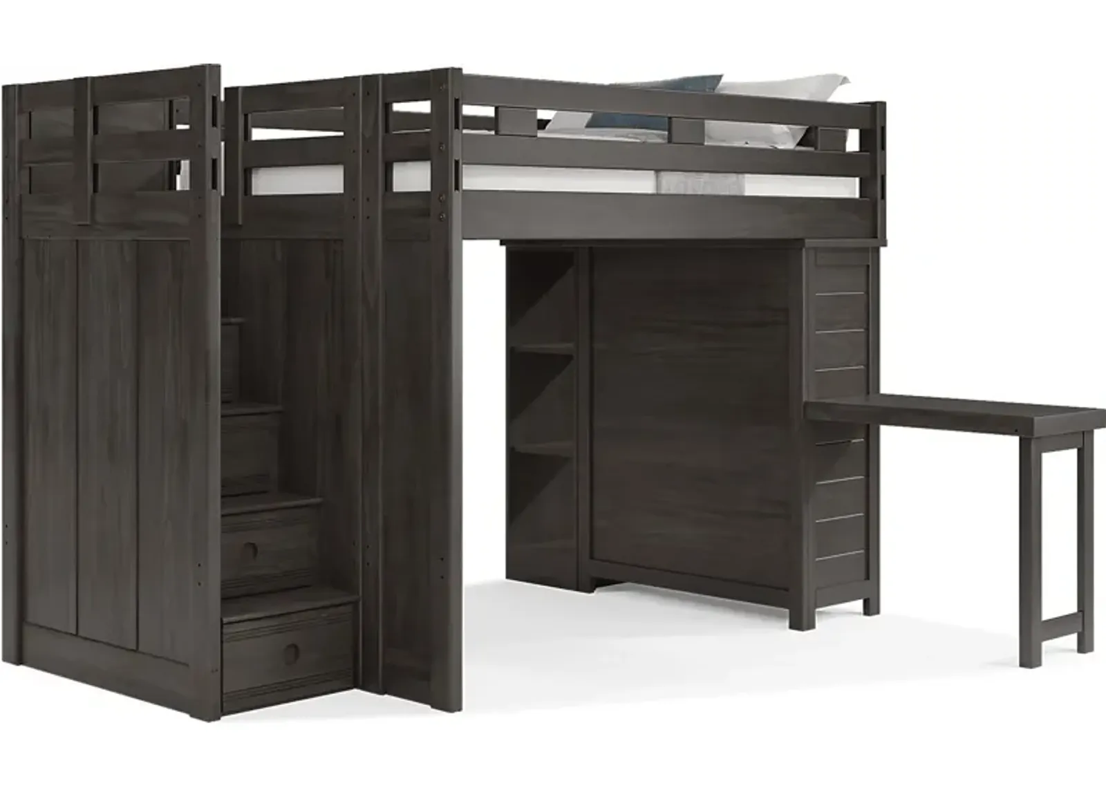 Kids Creekside 2.0 Charcoal Full Step Loft with Loft Chest, Bookcase and Desk Attachment