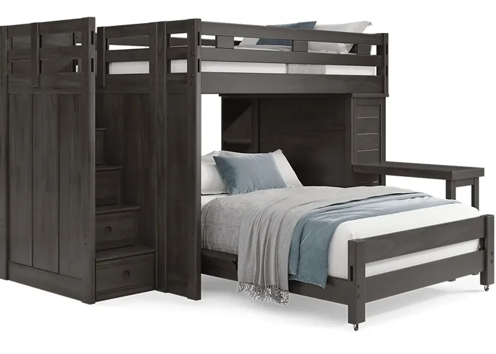 Kids Creekside 2.0 Charcoal Full/Full Step Loft with Loft Chest, Bookcase and Desk Attachment