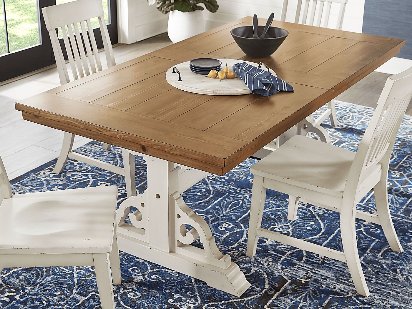 Wicklow Hills White 5 Pc Rectangle Trestle Dining Room with Blue Slat Back Side Chairs