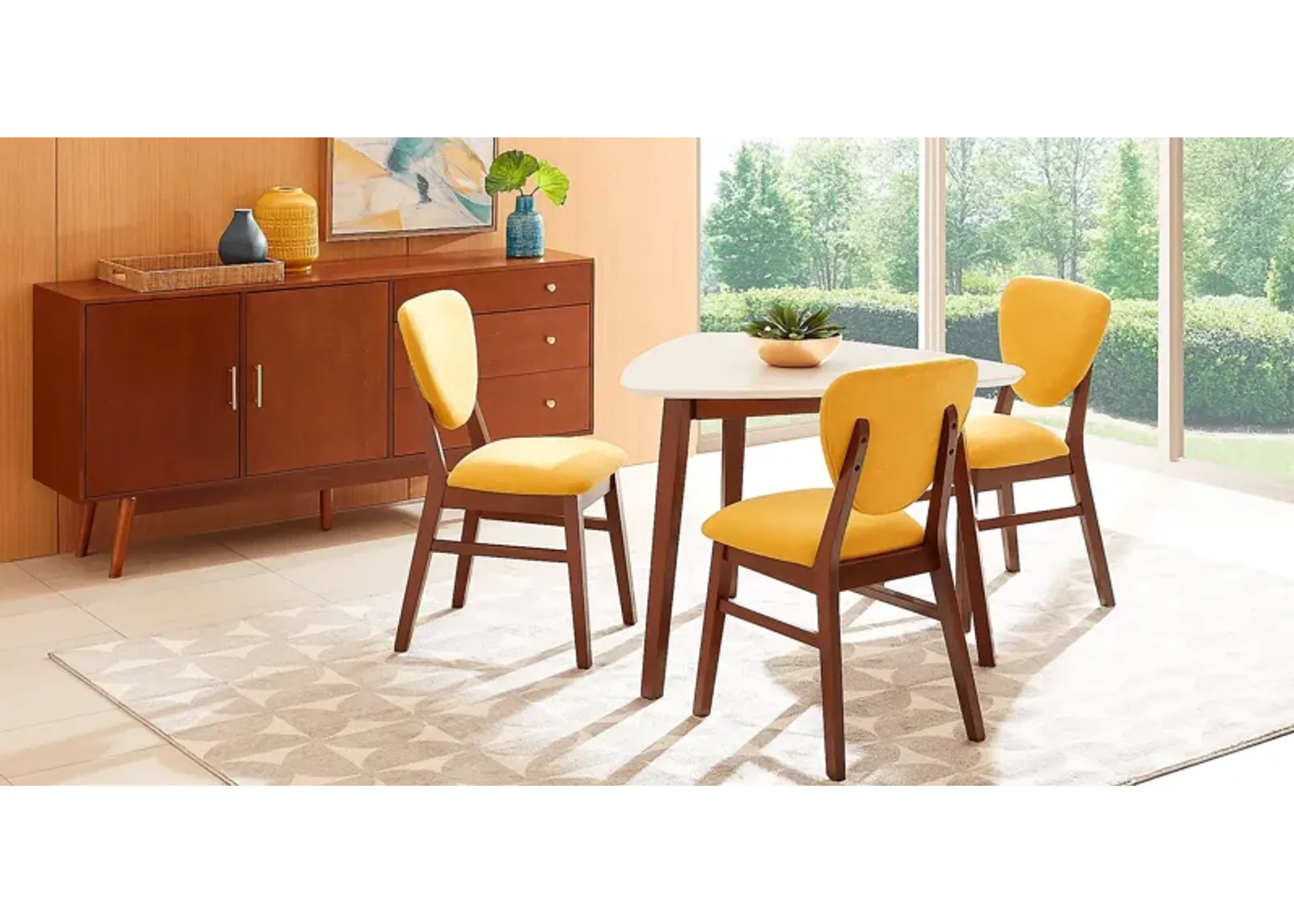 Melodina White 4 Pc Dining Room with Yellow Chairs