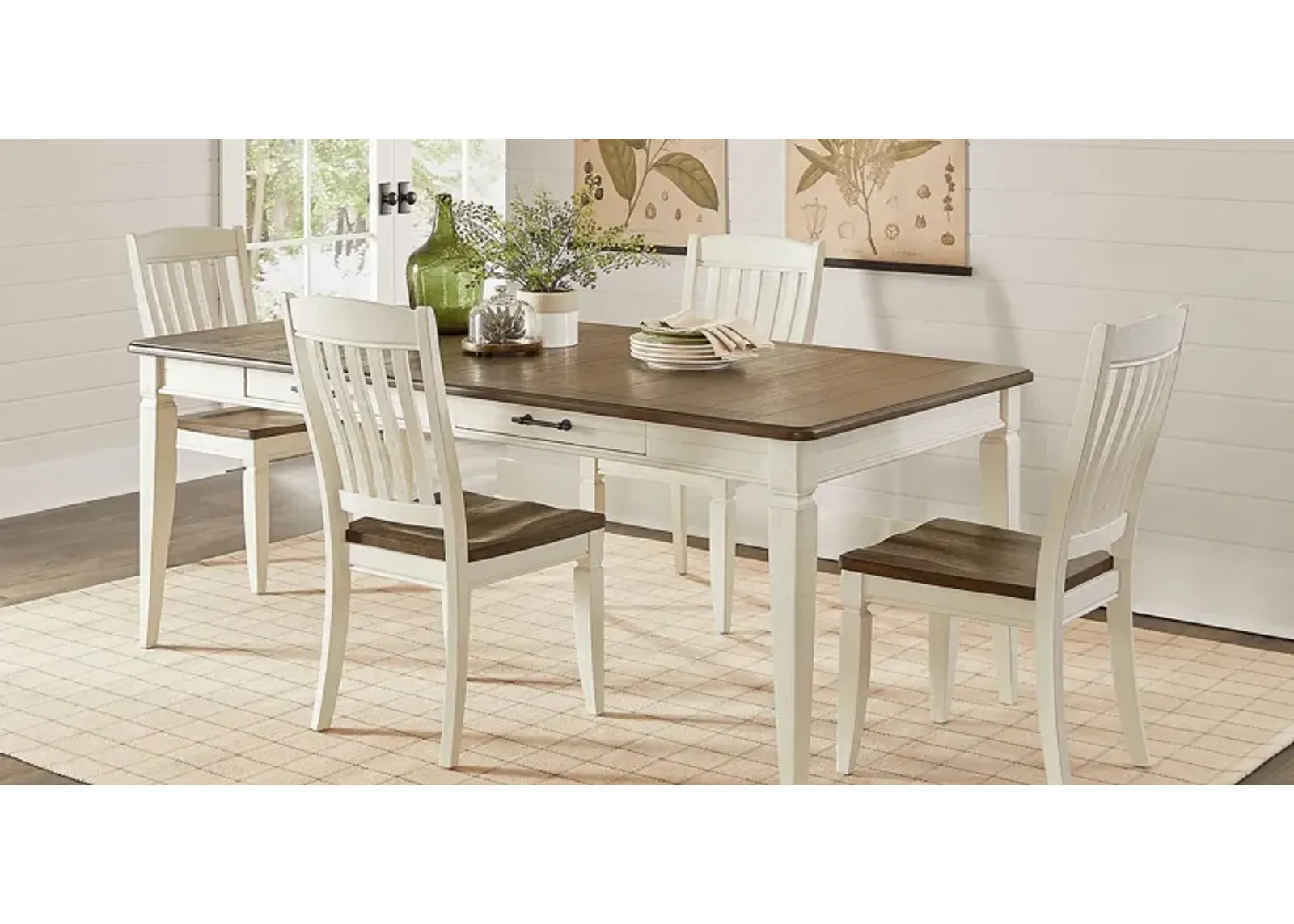 Country Lane Antique White 5 Pc Rectangle Dining Room with Slat Back Chairs