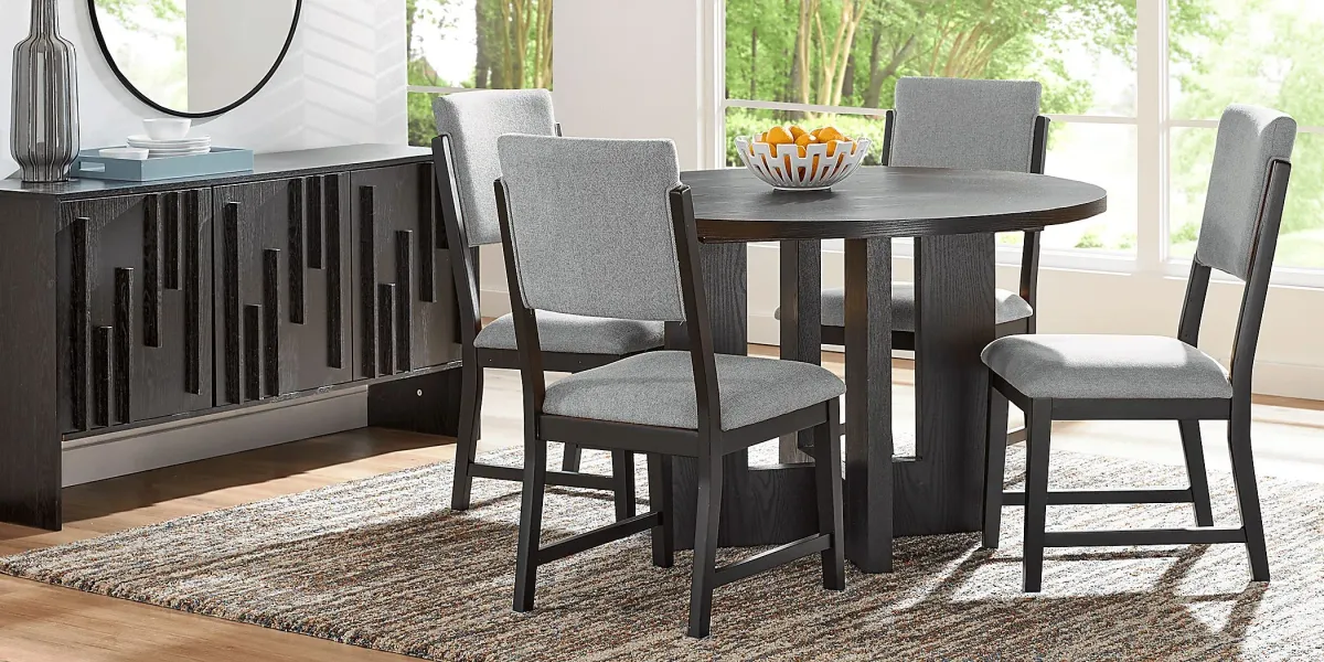 Rosolli Black 5 Pc Round Dining Room with Gray Upholstered Chairs