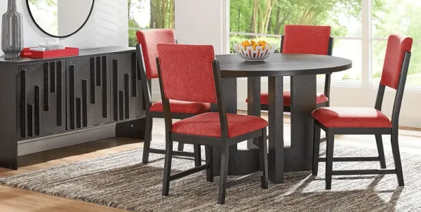 Rosolli Black 5 Pc Round Dining Room with Red Upholstered Chairs
