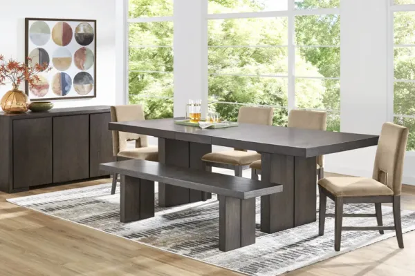 Angelica Brown 6 Pc Dining Room with Tan Side Chairs and Bench