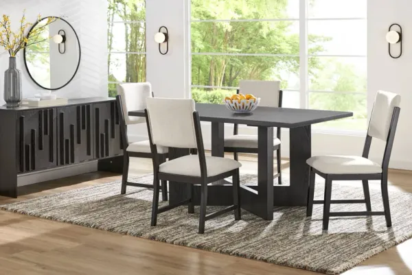 Rosolli Black 5 Pc Rectangular Dining Room with Beige Upholstered Chairs