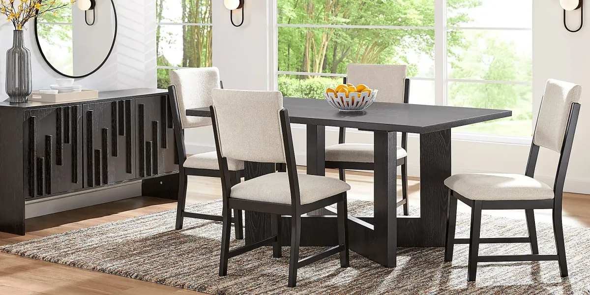 Rosolli Black 5 Pc Rectangular Dining Room with Beige Upholstered Chairs