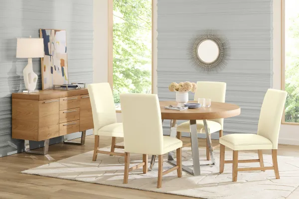 San Francisco Natural 5 Pc Round Dining Room with White Upholstered Chairs