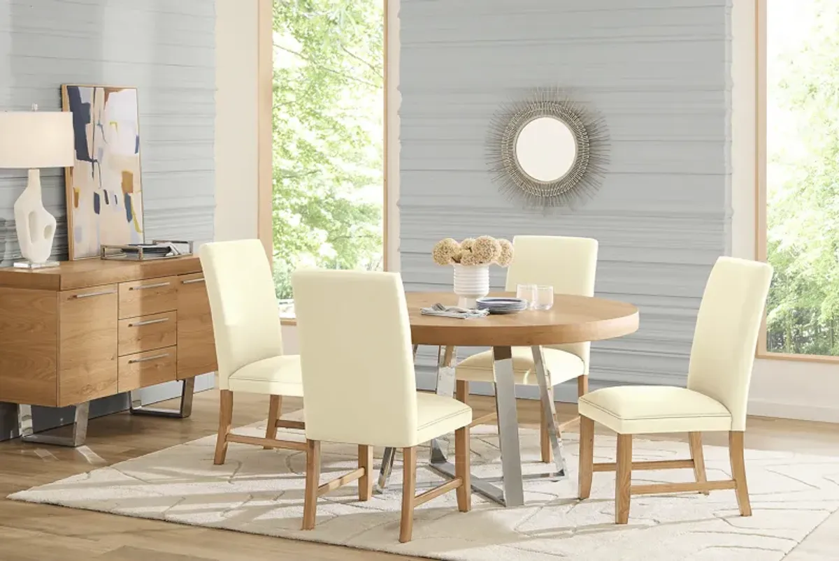 San Francisco Natural 5 Pc Round Dining Room with White Upholstered Chairs
