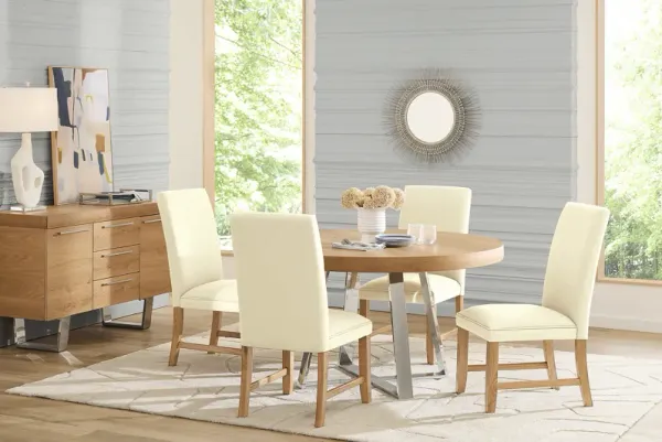San Francisco Natural 5 Pc Round Dining Room with White Upholstered Chairs
