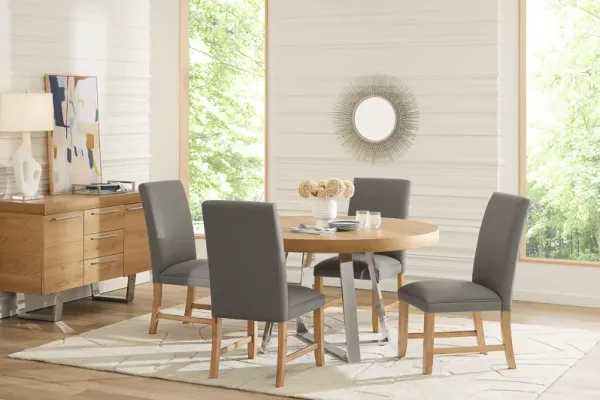 San Francisco Natural 5 Pc Round Dining Room with Gray Upholstered Chairs