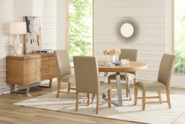 San Francisco Natural 5 Pc Round Dining Room with Brown Upholstered Chairs