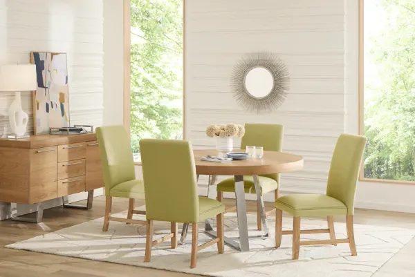 San Francisco Natural 5 Pc Round Dining Room with Green Upholstered Chairs